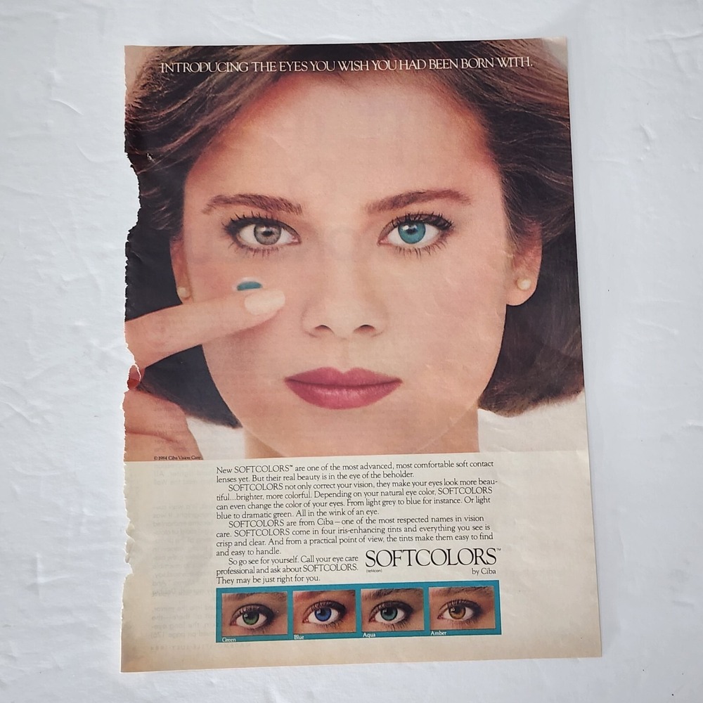 Vintage Print Ad Softcolors by Ciba contact lens brunette model clipping 1984